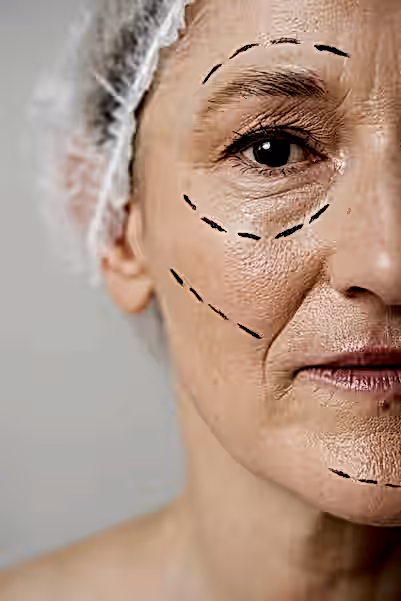 Yüzünde ameliyat izleri için işaretler bulunan yaşlı kadın.