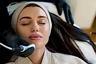 Siyah eldiven giymiş bir estetisyen, baş bandı takan bir kadının çenesine Hydrafacial cihazıyla cilt bakım tedavisi uyguluyor.